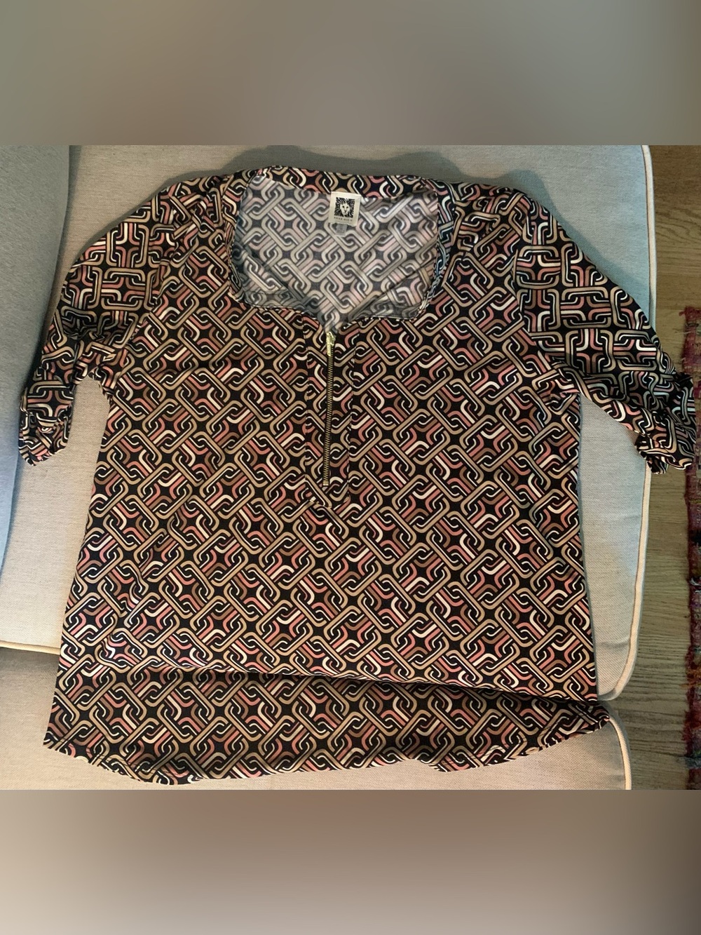 Anne Klein Black, Pink and Cream Geometric Pattern Top